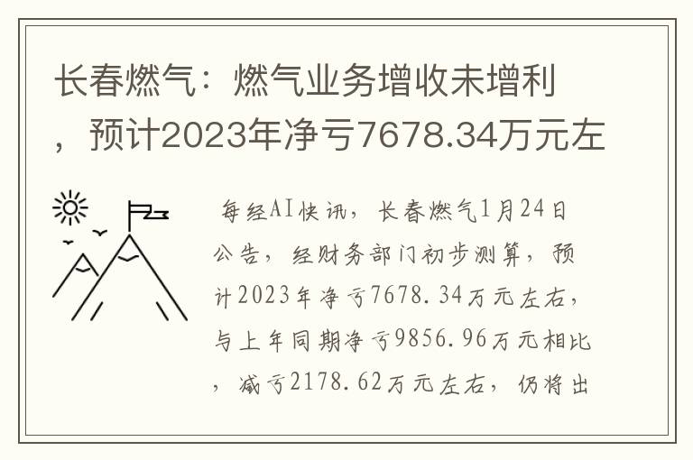 长春燃气：燃气业务增收未增利，预计2023年净亏7678.34万元左右