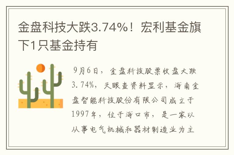 金盘科技大跌3.74%！宏利基金旗下1只基金持有