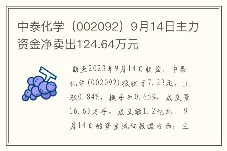 中泰化学（002092）9月14日主力资金净卖出124.64万元