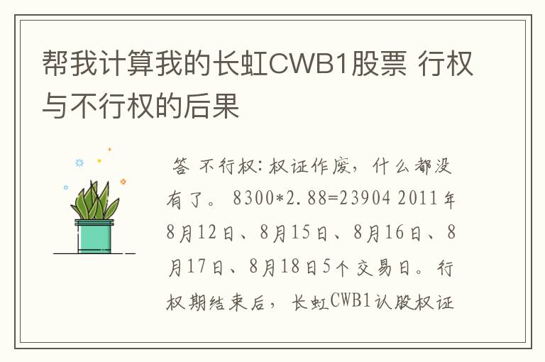 帮我计算我的长虹CWB1股票 行权与不行权的后果