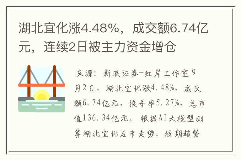 湖北宜化涨4.48%，成交额6.74亿元，连续2日被主力资金增仓