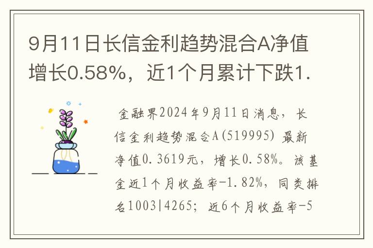 9月11日长信金利趋势混合A净值增长0.58%，近1个月累计下跌1.82%