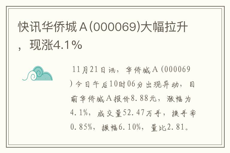 快讯华侨城Ａ(000069)大幅拉升，现涨4.1%