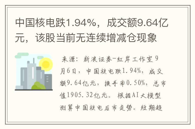 中国核电跌1.94%，成交额9.64亿元，该股当前无连续增减仓现象，主力趋势不明显