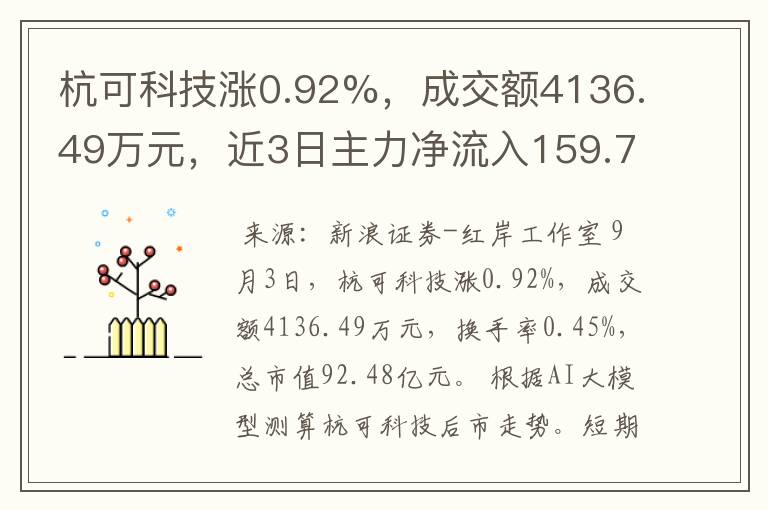 杭可科技涨0.92%，成交额4136.49万元，近3日主力净流入159.79万