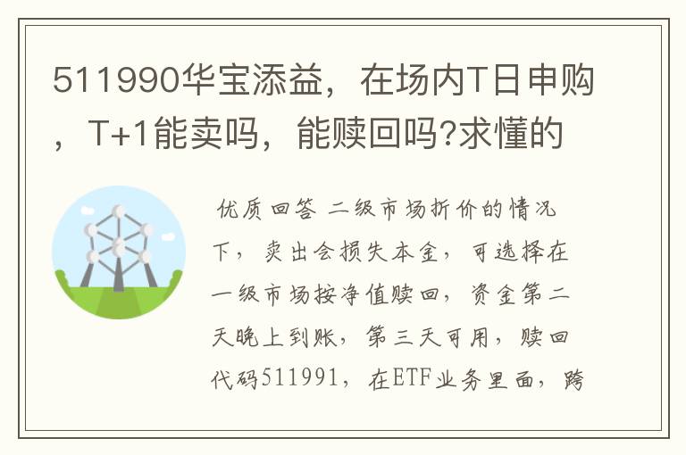 511990华宝添益，在场内T日申购，T+1能卖吗，能赎回吗?求懂的人帮忙？