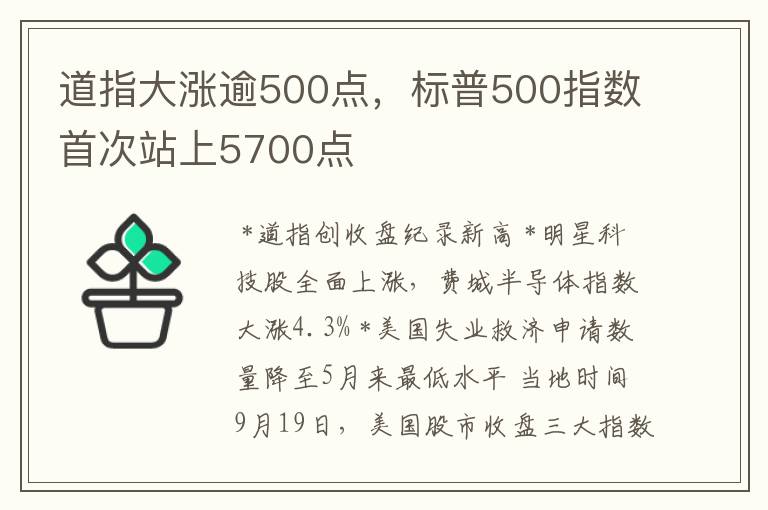 道指大涨逾500点，标普500指数首次站上5700点