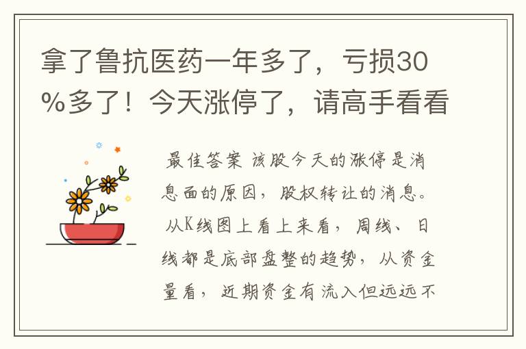 拿了鲁抗医药一年多了，亏损30%多了！今天涨停了，请高手看看能解套吗？看看下面怎么操作？万分感谢!