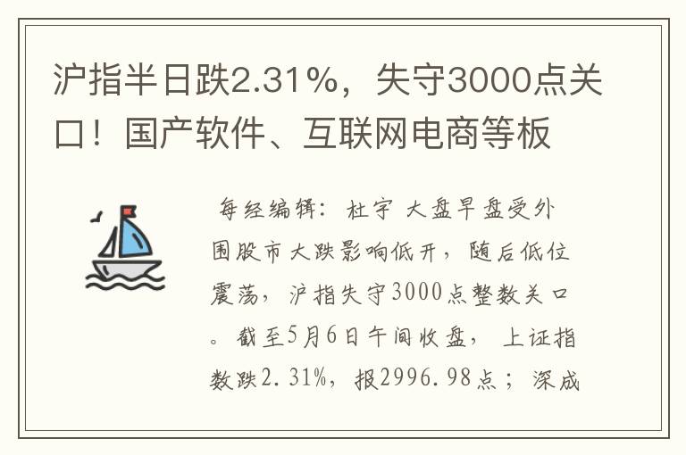 沪指半日跌2.31%，失守3000点关口！国产软件、互联网电商等板块表现亮眼，多股涨停